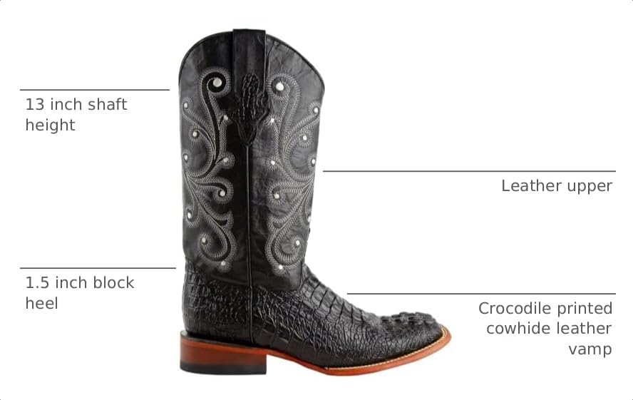 Image of Ferrini Mens Stampede Crocodile Square Toe Pull On Casual Boots Mid Calf - Black - Size 10 D