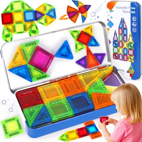 SaiXuan Bloques Magnéticos Construcción Niños 42 Piezas, Mini Magnetic Tiles con Caja Metálica 19×9×2 cm, Juego Educativo Stem Portátil para Viaje, Creatividad y Aprendizaje Temprano Niños 3 4 5 Años