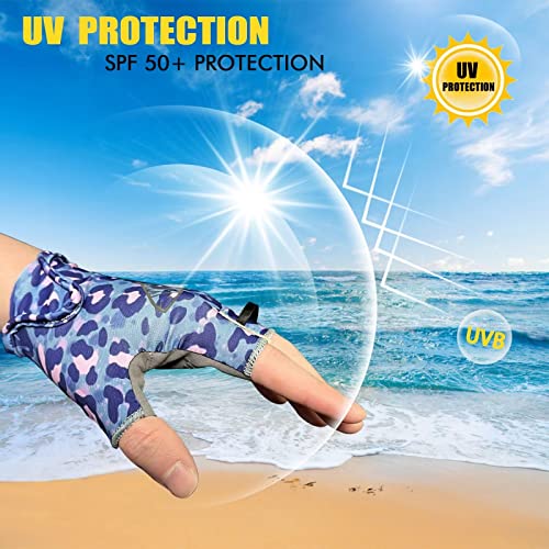 Riverruns Design Fishing Gloves UPF50+Shortened Wrist Sun Gloves Fingerless Lightweight Breathable Hiking Driving Kayaking Paddling (Blue Leopard, Large)