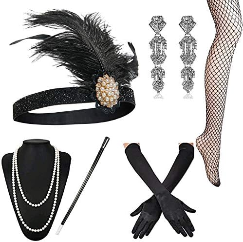 1920s Accessories Set Flapper Headband,Gloves,Net Tights (OneSize, Set-11)