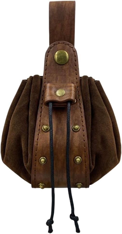 Vintage Medieval PU Leather Drawstring Pouch Middle Ages Portable Coin Purse Renaissance Viking Storage Rivet Belt Pack Bag for Men Women Costume LARP Ren Faire(Coconut Brown) - Image 6