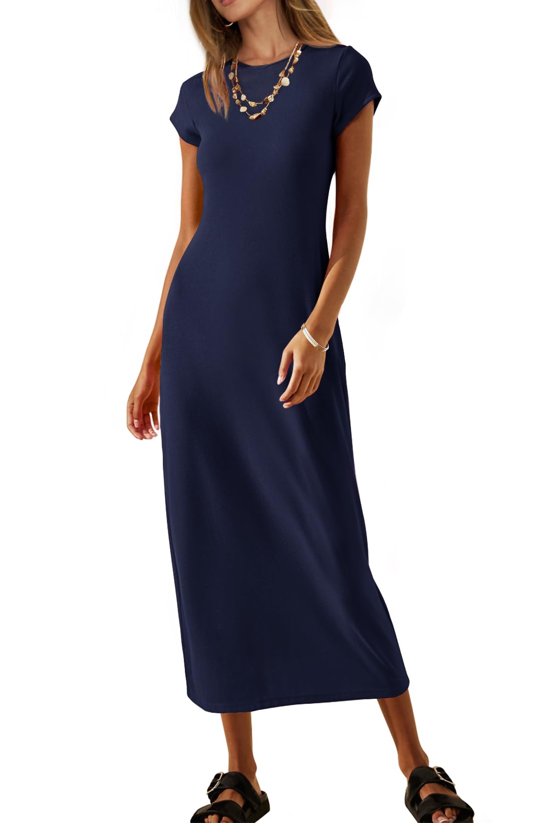 MEROKEETY Women's 2026 Summer Short Sleeve Tshirt Dress Casual Crew Neck Beach Long Maxi Dresses