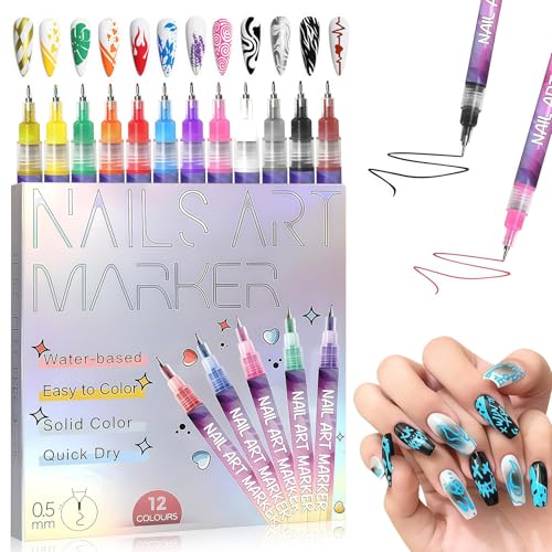 12 Colors Nail Art Pens Set, 3D Quick-Dry 0.5MM Nail Polish Pens, Nail Art Painted Pen Kit, DIY Nail Art Markers Graffiti Dotting Pen for Nails Art Design Manicure Nail DIY Decoration