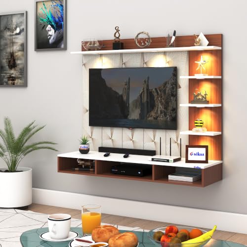 Image of Anikaa Tyron Engineered Wood Wall-Mount TV Unit with PVC Back Panel & LED Lights | TV Cabinet with Storage Box & Decorative Shelves (Walnut /White) | Ideal for TVs up to 43 Inch | DIY Installation