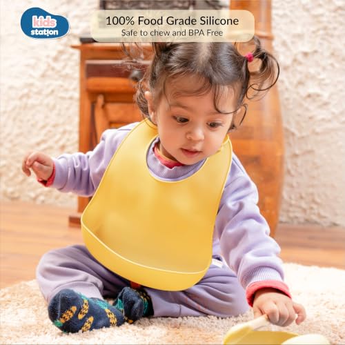 Image of Kids Station Silicone Baby Bib for Feeding & Weaning BPA Free, Soft Adjustable Neckline with Buttons, Washable & Reusable, Ideal for Babies & Toddlers 6 to 36 Months - Yellow