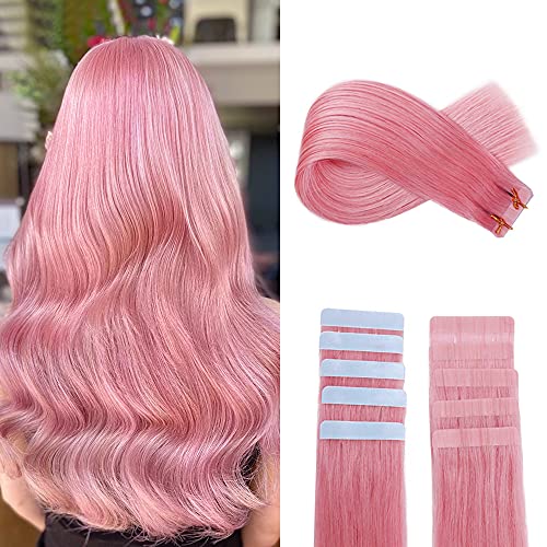 YILITE Colorful Tape in Hair Extensions Remy Human Hair 10pcs 20g Pink Tape in Human Hair Extensions 12 inches
