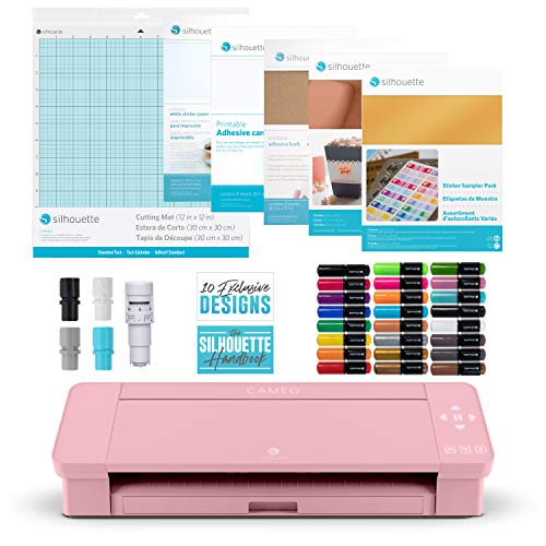 Silhouette Cameo 4 Craft Bundle, Sketch Pens, Sticker, Tattoo and Kraft Paper, Sample Pack, Printable Cardstock, Silhouette Handbook and 10 Designs - Pink Edition