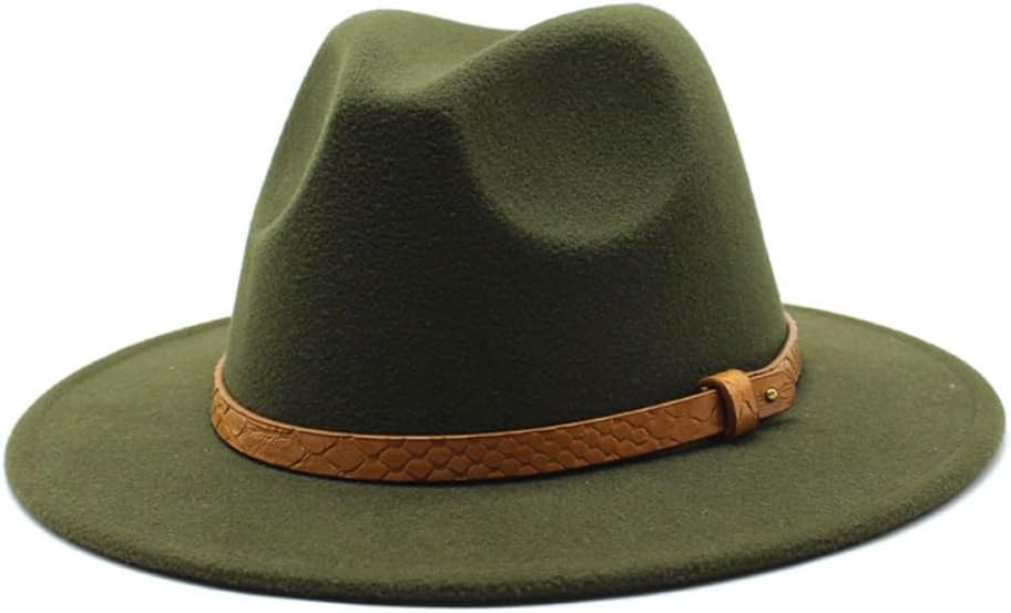 Classic Wool Felt Fedora Hat, Wide Brim with Leather Band, Khaki