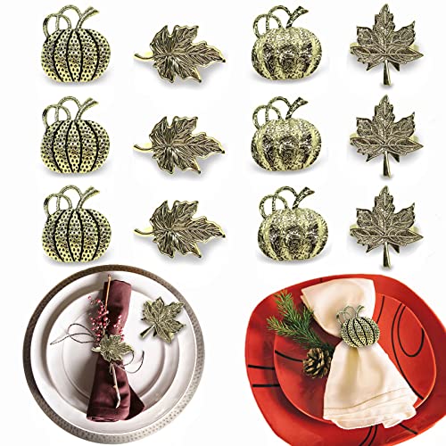 12 Pcs Pumpkin Maple Leaf Napkin Rings 4-Style Thanksgiving Pumpkin Fall Maple Leaf Napkin Ring Holders for Autumn Harvest, Halloween, Christmas, Weddings, Family Gatherings, Dinner Party Table Decor