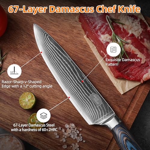QKOQKO Damascus Chef Knife, 8-Inch Kitchen Knives with 9Cr18MoV Steel Core, Japanese Chef Knife with Durable Wood Handle - Professional Razor Sharp Cooking Chef Knife for Kitchen with Gift Box - image 3