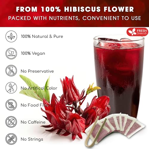 Image of FreshDrinkUS, Premium 25 Hibiscus Flowers Tea Bags, 100% Natural & Pure from Hibiscus Flowers. Loose Flower Hibiscus Herbal Tea. No Sugar, No Caffeine, No Gluten, Vegan.