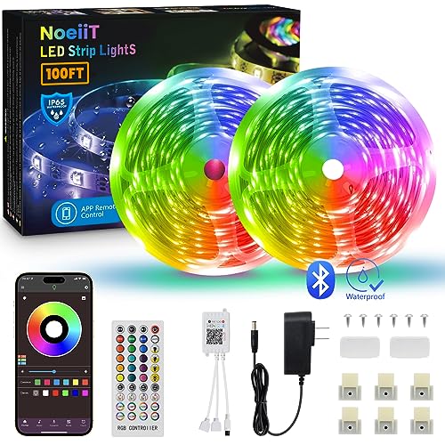 NoeiiT 100ft Outdoor Led Strip Lights Waterproof Led Light Strips, Outside Led Light Strips with RF Remote &Bluetooth Music Sync App Control, 5050 RGB LED Rope Lights IP65,24V LED Strip Lights NoeiiT 100ft Outdoor Led Strip Lights Waterproof Led Light Strips, Outside Led Light Strips with RF Remote &Bluetooth Music Sync App Control, 5050 RGB LED Rope Lights IP65,24V LED Strip Lights