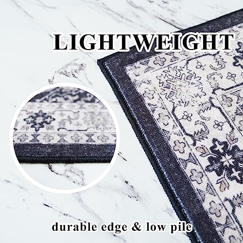 Washable 2x3 Entryway Area Rug: Vintage Soft Thin Door Mat with Non Slip Backing Water Resistant Carpet for Bedroom Low Pile Floor Mat for Kitchen Bathroom Easy Clean Rug for Family (2 X 3, Black)
