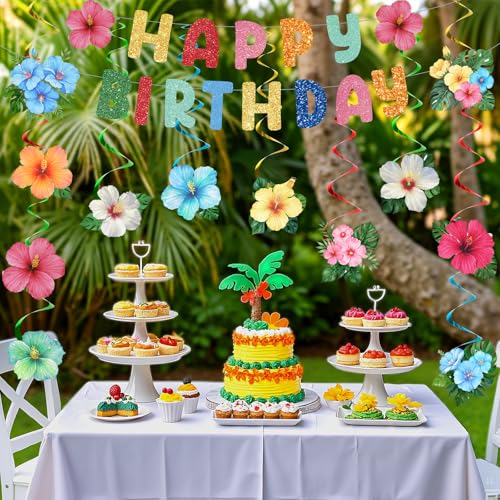 Image of Hawaiian Birthday Party Decorations Hibiscus Flower Birthday Banner and Hanging Swirls for Luau Tropical Aloha Summer Beach Party Decoration Supplies