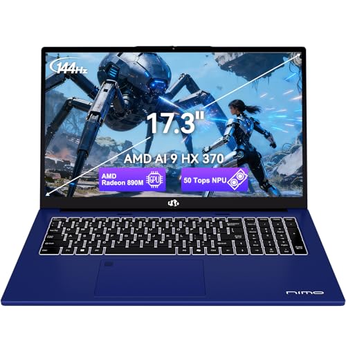 Image of NIMO 17.3 inch Copilot+ Laptop, AMD Ryzen AI 9 HX 370(50 Tops NPU), Radeon 890M, 64GB RAM 4TB SSD, DDR5, 144Hz, PD 100W USB-C 4.0, AI Laptop with Wi-Fi 6E for Student Working Business