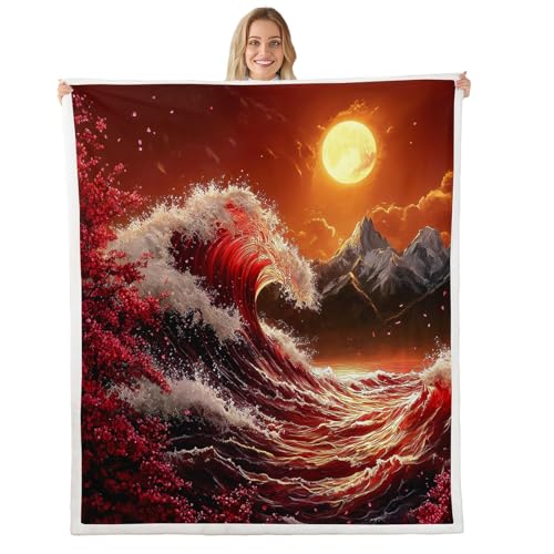 feelingyou Manta de felpa con ondas de mar, manta de forro polar de franela retro con flores rojas para niños, niñas, adolescentes, para todas las estaciones, estilo japonés, Ukiyoe, decoración de