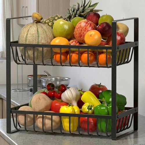 Image of 2 Tier Countertop Fruit and Vegetables Basket | Multipurpose Storage Organize Stand for Kitchen, Dining Table and Bathroom (2 Tier Black)