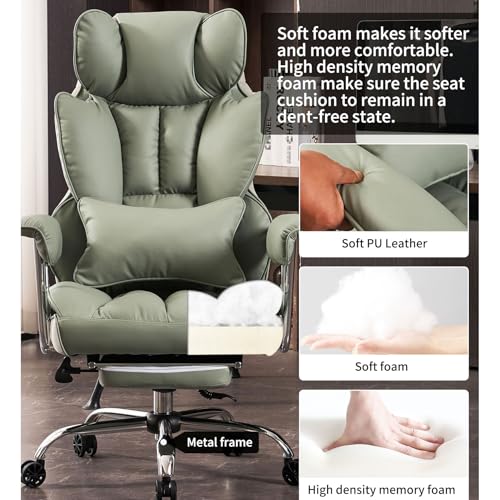 Efomao Big and Tall Office Chair 400lbs - Executive Office Chairs with Footrest, Heavy-Duty PU Leather Computer Chair for Heavy People, Light Green Home Office Desk Chairs