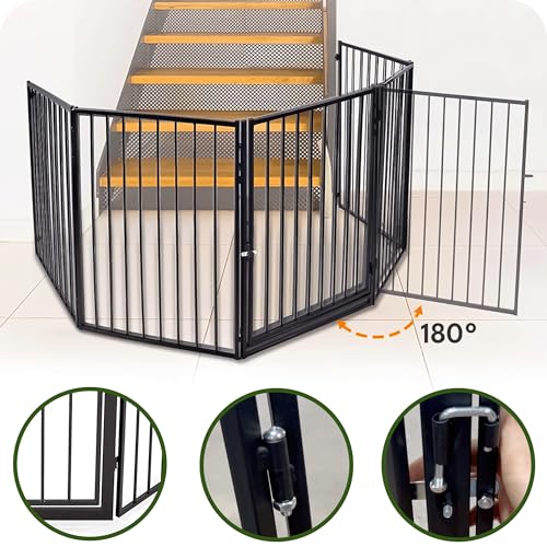 KRUMAD Kaminschutzgitter Baby 300 cm – Ofenschutzgitter für Kinder & Haustiere – Flexibles Kinderschutzgitter aus Metall mit Tür, Klappbar & Stabil – Absperrgitter für Kamin, Ofen & Treppe