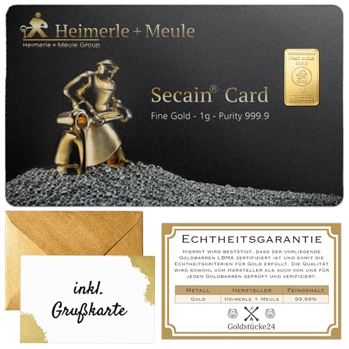 Geschenk aus Gold Goldbarren - Heimerle+Meule - Secain Card - inkl. Geschenkverpackung Grußkarte und Echtheitsgarantie (1g Gold)
