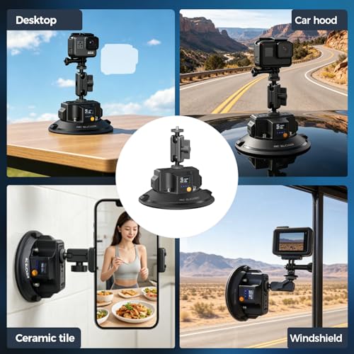 Image of 4.5 inch Electric Camera Suction Cup Mount with Ball Head Arm & Adapter, Heavy-Duty Metal Car Mount for Camera /Action Camera /Phone, 50KG Suction for Car Windshield /Boat /Window, 1 /4 inch 3 /8 inch Threads