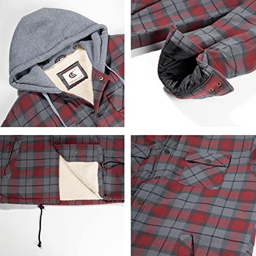 Image of COEVALS CLUB Men's Flannel Fleece Sherpa Quilted Lined Plaid Snap Work Shirt Jacket /Hooded