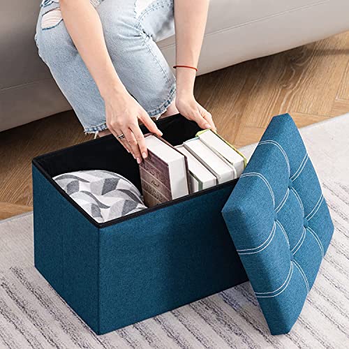 Image of AR Mall Folding Storage Ottoman, Long Shoes Sofa Bench, Fabric Linen Footrest Stool for Laundry, Storage Space, End Bed Storage Seat, Toys Organizer Bin Box with Lidded (Blue)
