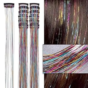 LANCAINI Clip-in Hair Tinsel Extensions Pack of 12 clips 20 Inch, Colorful Glitter Tinsel Hair Extensions, Festival Gift Tinsel Fairy Hair Extension Party Dazzle for Women Girls Kids
