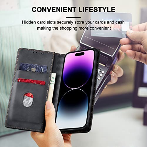 Image of Jasonyu Flip Wallet Case for iPhone 14 Pro max,Leather Magnetic Folio Cover with Card Holder,Kickstand - TPU Shockproof Durable Protective Phone Case,Black