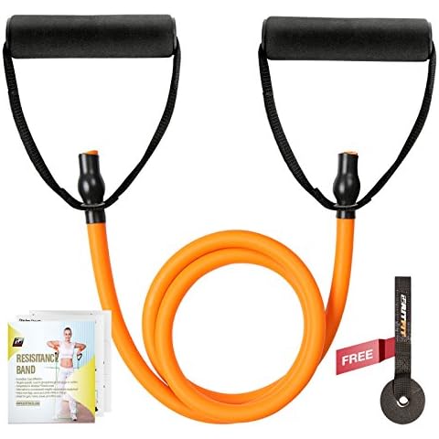 RitFit Single Resistance Exercise Band With Comfortable Handles - Ideal for Physical Therapy, Strength Training, Muscle Toning - Door Anchor and Starter Guide INCLUDED (Orange) Cover