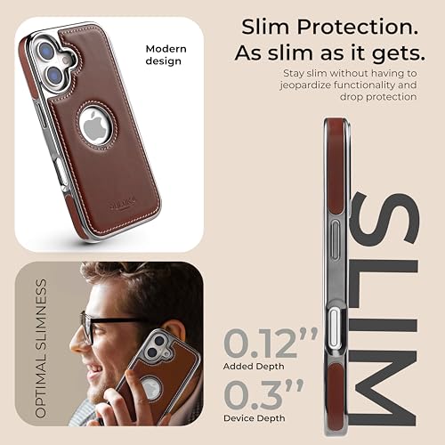 Image of PULOKA Chrome Leather Back Case - Compatible with iPhone 17 - Premium Bumper Case - Flexible Vegan Leather - Electroplated Sides & Logocut - Full Camera Protection & Raised Edges - (Brown)
