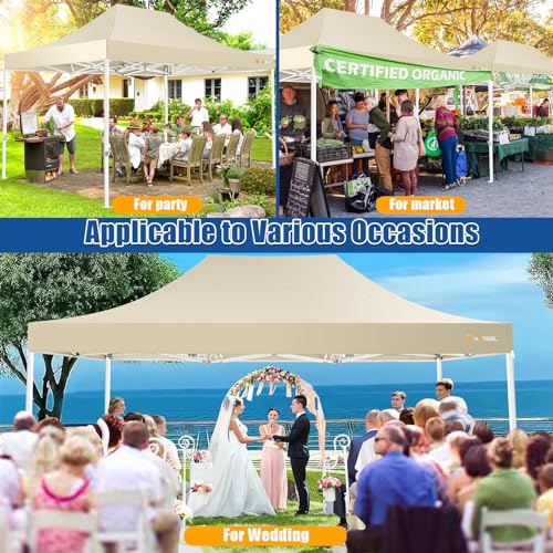 Image of HOTEEL 10x15 Pop up Canopy Tent for Parties, Heavy Duty Easy Setup Tent Without Sidewalls, Outdoor Commercial Instant Gazebo for Wedding Event, with Roller Bag & Sand Bags, Khaki(Hexagonal Frame)