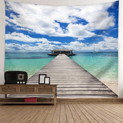 Tapisserie paysage pont en bois et mer 240x260 cm pour grand mur de chambre