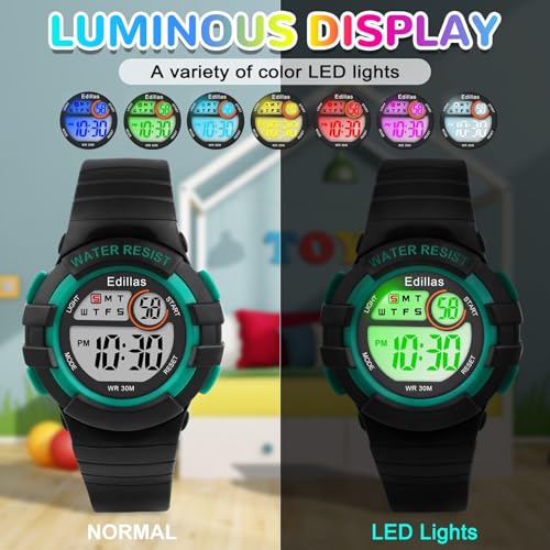 Image of Edillas Kids Digital Watch with 7 Color LED Light, Kids Toys Wristwatch, Children's Jewelry,School Gifts for Boys Girls, Built-in Battery, Long Lasting Batteries. (Black)