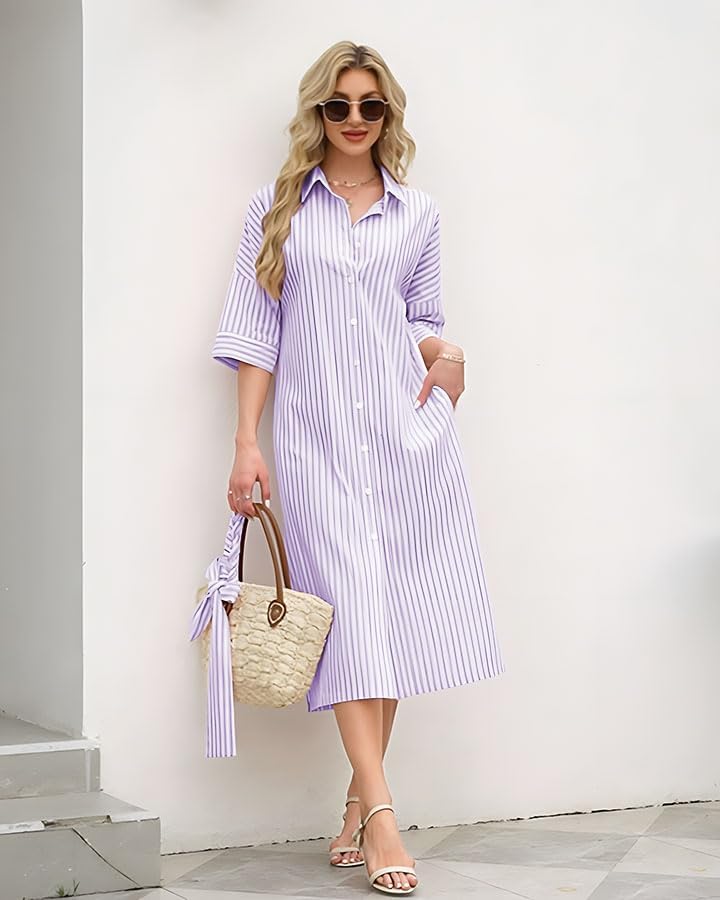 Womens Shirt Dresses Striped Lapel 3/4 Sleeve Maxi Dress Button Down Split Belted - Image 6