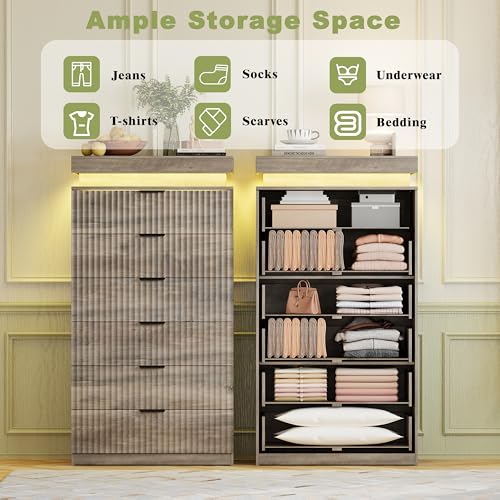 Image of Tall 6 Drawer Dresser with LED Lights and Charging Station, 53 inch Tall Wood Fluted Dresser for Bedroom, Grey Modern Chest of Drawers for Closet Organizer Cabinet for Living Room, Entryway