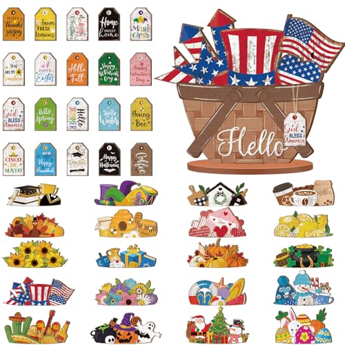Anglechic 42 Pcs Small Interchangeable Easter Flower Basket Decor Holiday Seasonal Wooden Sign Rustic Farmhouse DIY Hanging Drop Spring Home Office Desk Accessories Tiered Tray Decorations Gift