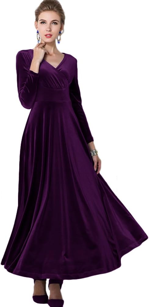 Urban CoCo Women Long Sleeve V-Neck Velvet Stretchy Long Dress - Image 6