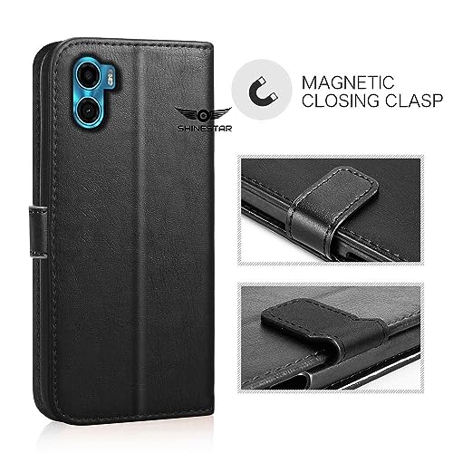 Image of SHINESTAR Motorola Moto E32 Flip Back Cover | PU Leather Flip Cover Wallet Case with TPU Silicone Case Back Cover for Motorola E32 - Classy Black
