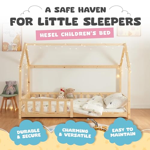 [en.casa] Children's House Bed with Fall-out Protection and Slatted Frame - Wood Look 90 x 200 cm Floor Youth Bed - Image 2