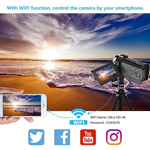 FamBrow 4K Video Camera Camcorder Ultra HD WiFi YouTube Vlogging Camera 48MP 3.0 Inches IPS Touch Screen 16X Digital Zoom IR Night Vision Beginner Camcorder with External Microphone Remote Control