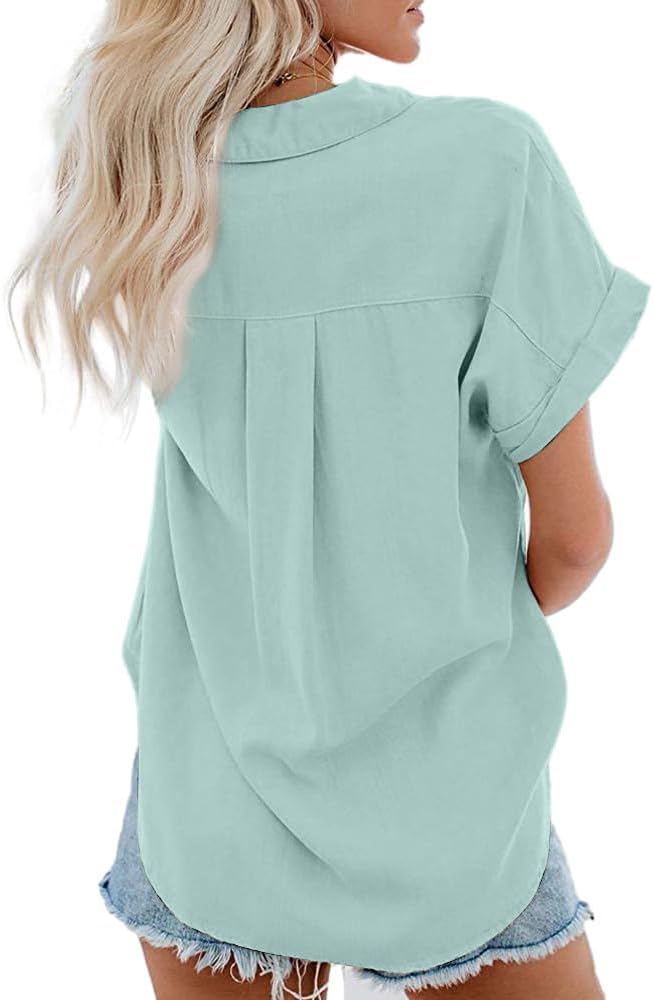 Womens Short Sleeve Casual Button Down Shirts Summer Soft Fashion Cotton Blouses Tops with Pocket - Image 3