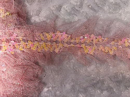 5 Yards Baby Pink Stretch Netting Ruffle Sewing Trim Iridescent Sequins 3