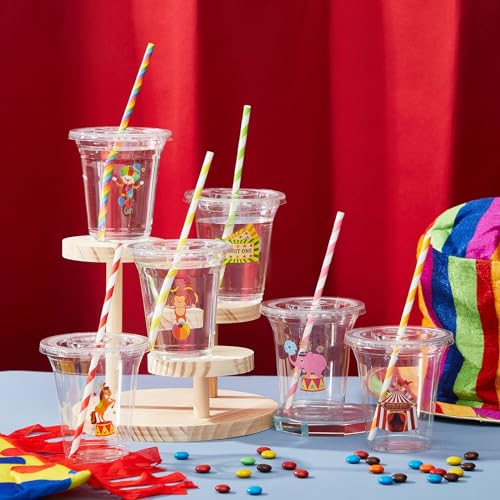 FoldTier 60 Set Circus Carnival Party Plastic Cups Bulk 14 oz Disposable Clear Cups with Lids and Paper Straws for Circus Carnival Theme Party Birthday Supplies Favor Decorations - Image 4