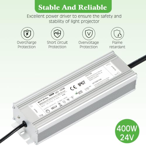 Image of LED Driver 400 Watts 24V DC Transformer，Waterproof IP67 Power Supply, Adapter with 3-Prong Plug 4.9 Feet Cable for Any DC led Lights, Computer Project, Outdoor Light
