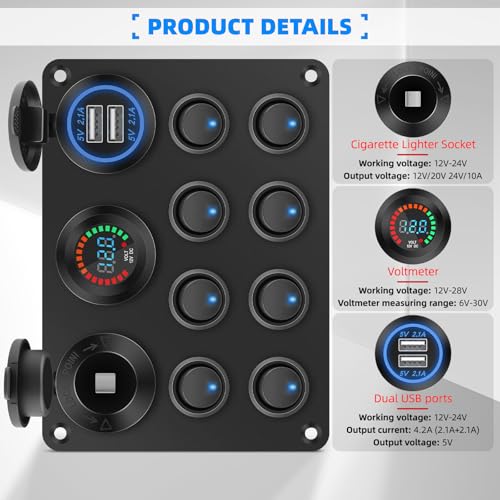 Panneau d'interrupteurs 12V Geloo étanche à 8 bascules et double USB