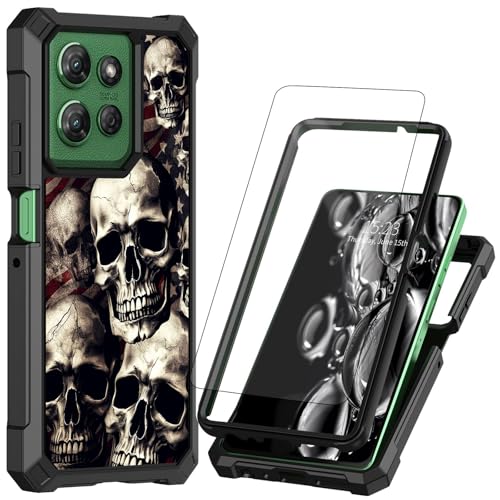 ACWDMKH for Motorola Moto G 5G 2025 Case with Screen Protector [Tempered Glass] Rugged Dual Layer Protection Shockproof Corner Silicone Bumper Phone Case for Moto G 5G 2025,Skulls America Flag