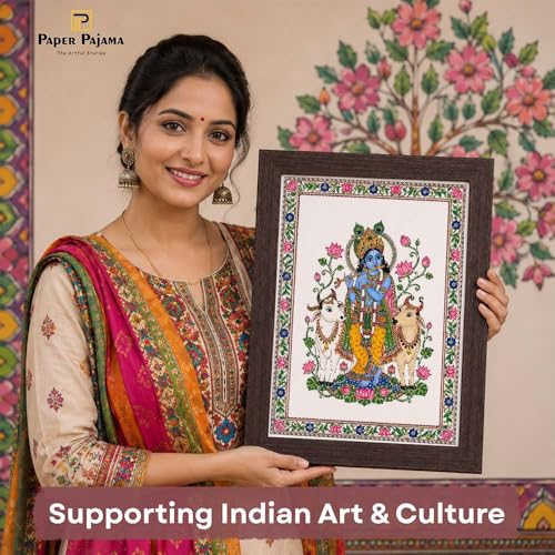 Image of PAPER PAJAMA Lord Krishna with Cow Wall Art for Living Room | Madhubani Krishna Flute Painting | Traditional Mithila Religious Framed Decor for Home, Temple & Office (10x13 Inches)