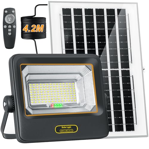 BOSITE 200W Faretto Led da Esterno Solare con Telecomando, 6500K Faro Led Esterno con Pannello solare,10000 mAh,IP67 Impermeabile,Luce Solare Led Esterno per Giardino Garage Parco