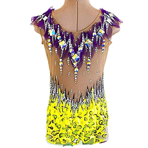 FWEBGW Rhythmische Gymnastiek turnpakjes, Meisjes Vrouwen Kinderen Wedstrijdprestaties Strass Mouwloos Team Sportkleding, Geel, 8 Jaar - Image 3